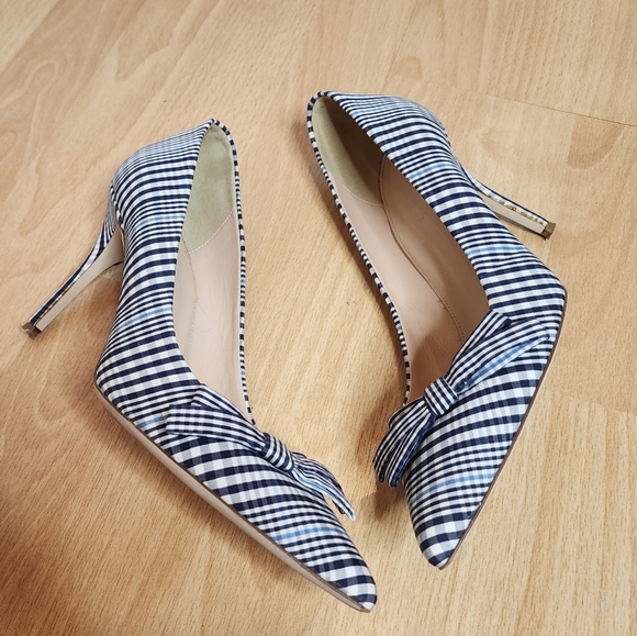 J. Crew Blue White Plaid Bow Pump Pointed Toe Heels Size 9.5 - Picture 7 of 16